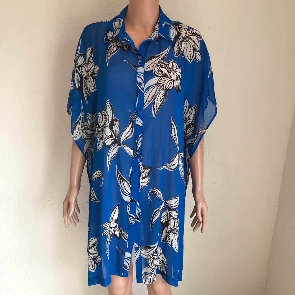 G By Giuliana Sheer Blue/White Floral Beach Cover-Up/Dress Women’s Size M Top
